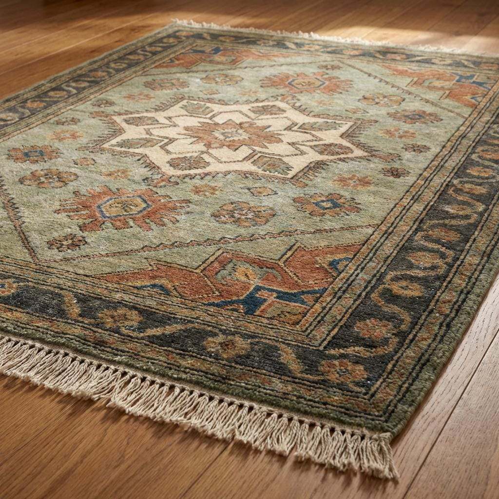 Hand Knotted Oushak Wool Area Rug Sage Green Geometric Medallion