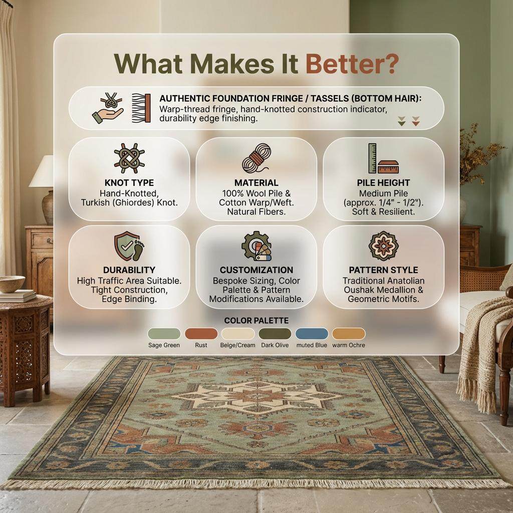 Hand Knotted Oushak Wool Area Rug Sage Green Geometric Medallion