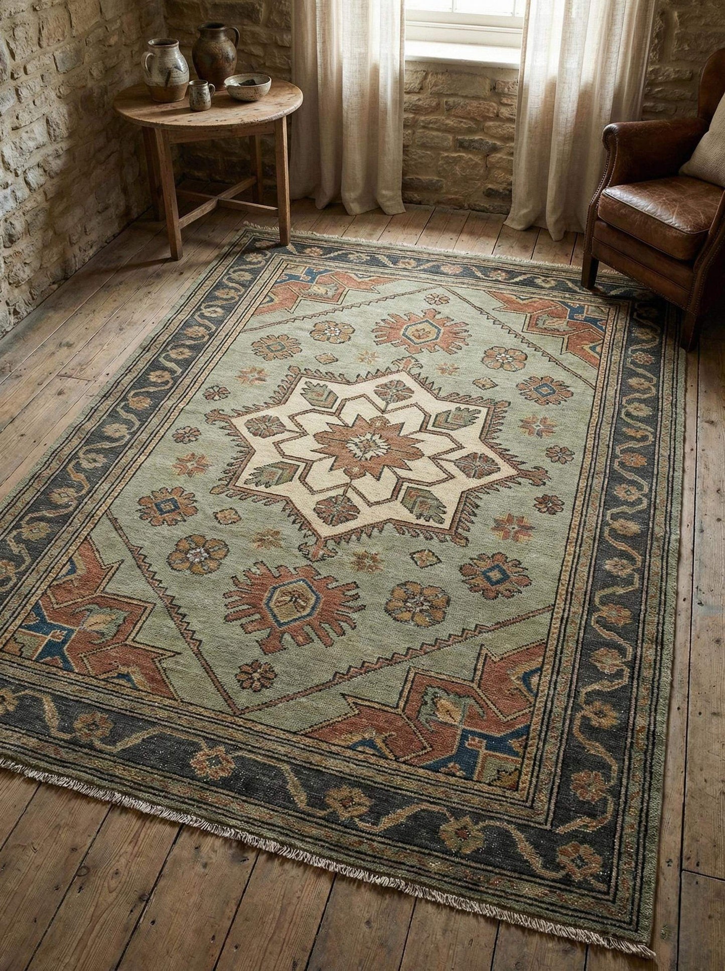 Hand knotted Oushak wool area rug with sage green geometric medallion design
