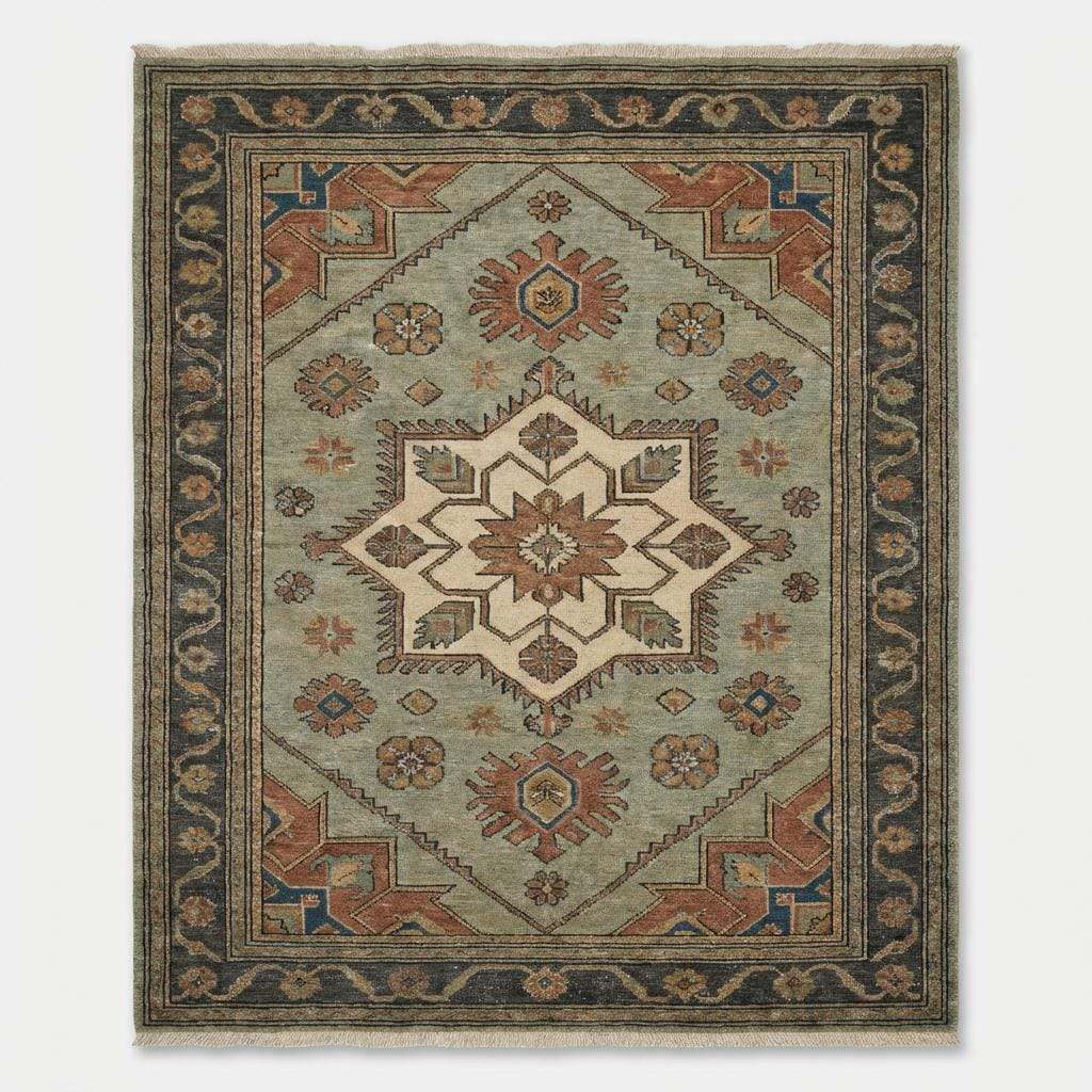 Traditional Oushak style hand knotted rug with terracotta and charcoal geometric accents