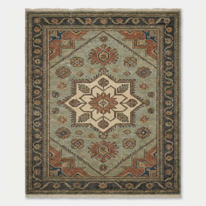 Traditional Oushak style hand knotted rug with terracotta and charcoal geometric accents