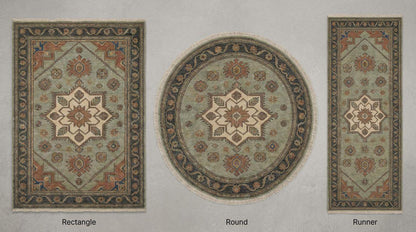 Hand Knotted Oushak Wool Area Rug Sage Green Geometric Medallion