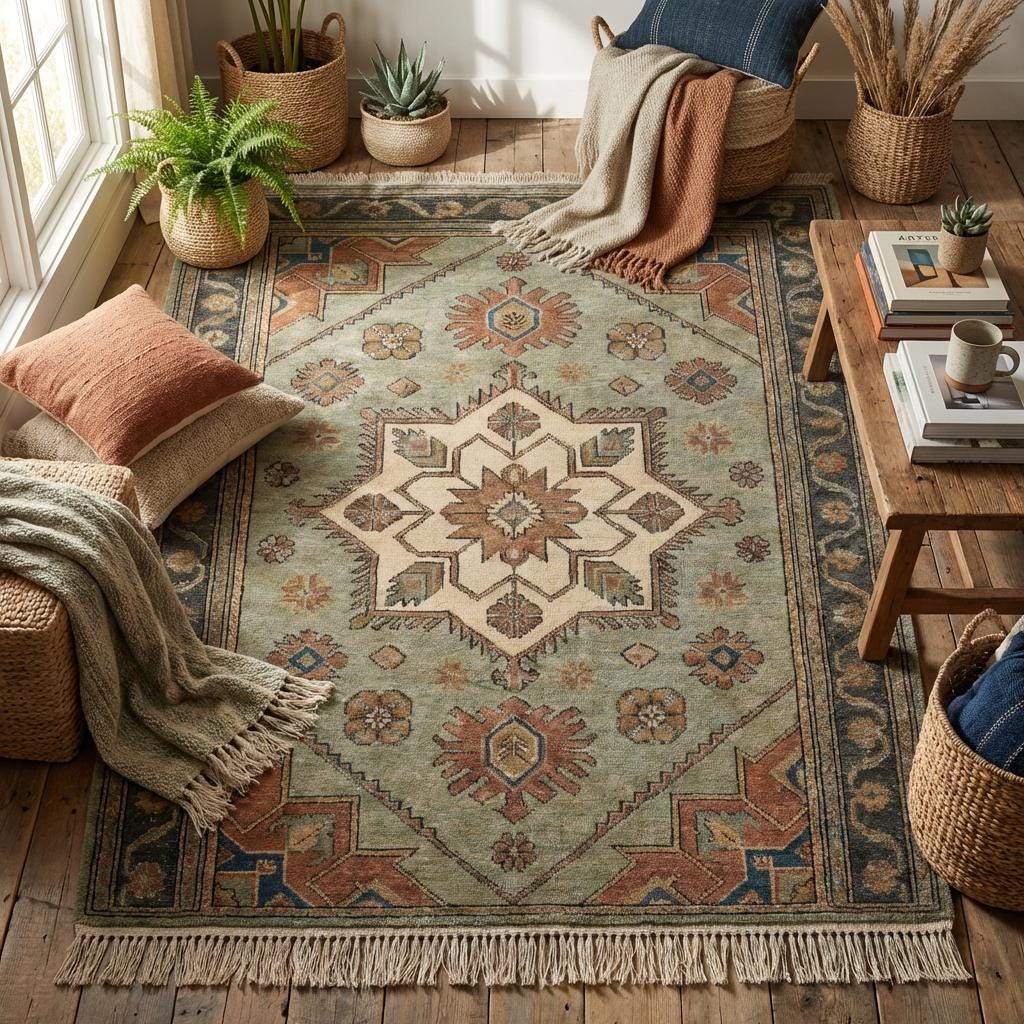 Sage green handmade wool area rug styled in rustic living room interior
