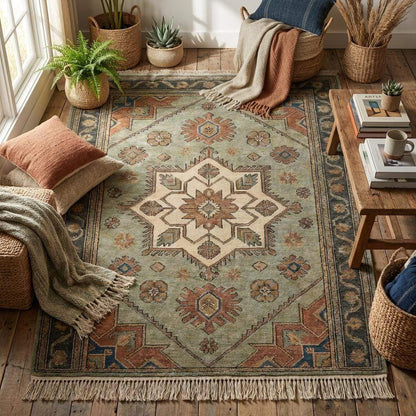 Sage green handmade wool area rug styled in rustic living room interior