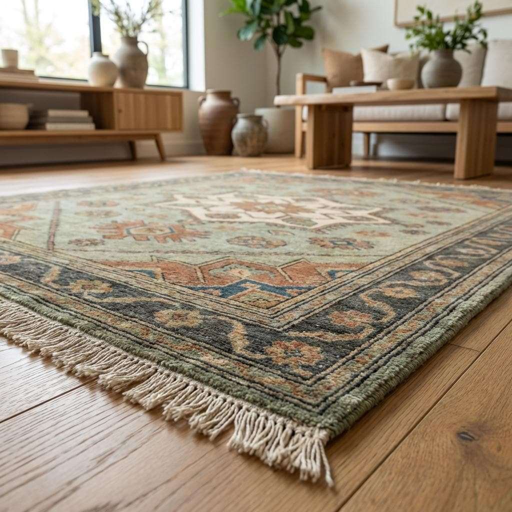Artisan crafted geometric medallion rug woven using traditional hand knotting techniques