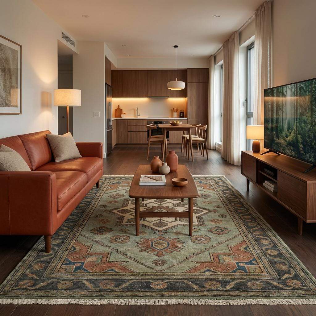 Hand knotted tribal wool rug featuring muted earth tones and classic Oushak pattern