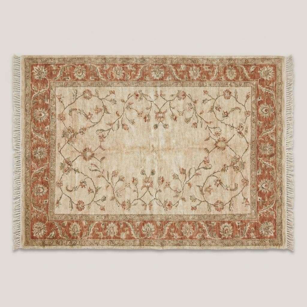 Hand Knotted Oushak Wool Area Rug, Soft Floral Neutral Living Room