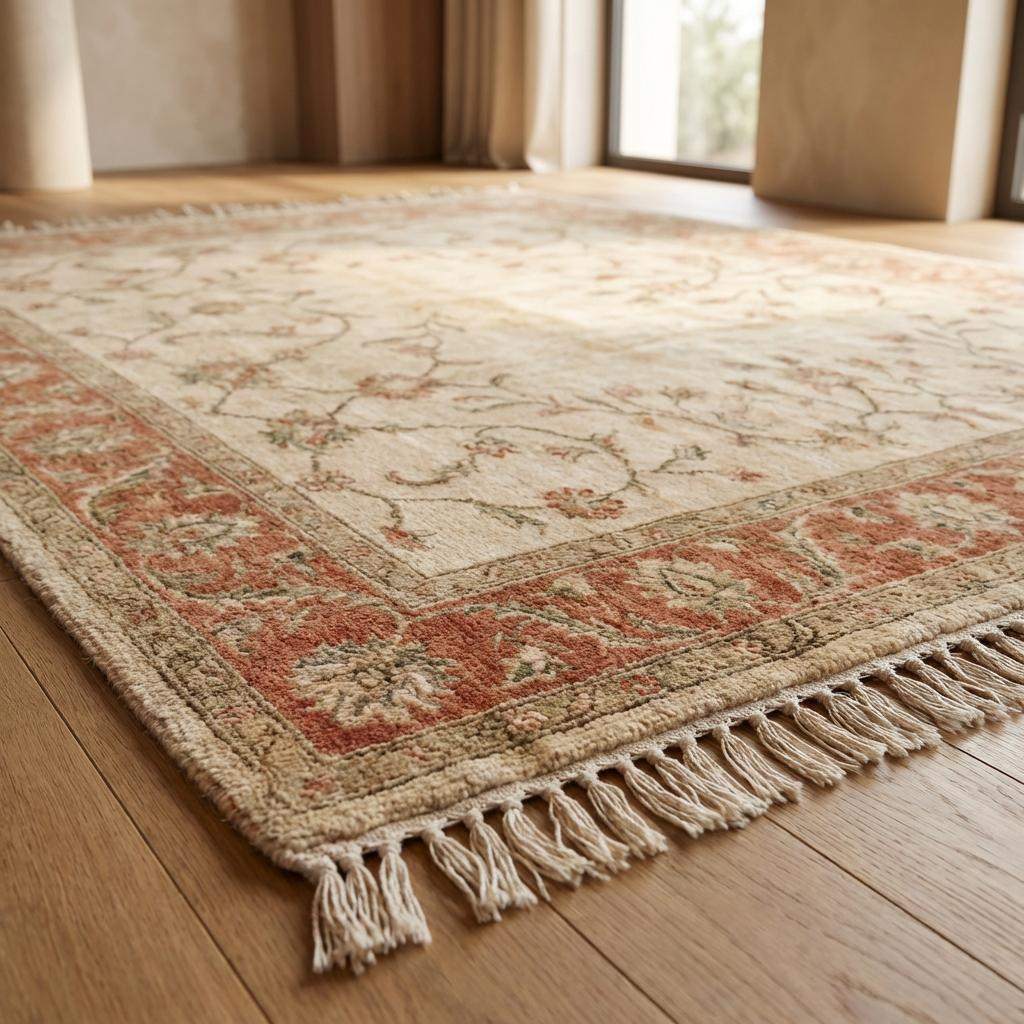 Hand Knotted Oushak Wool Area Rug, Soft Floral Neutral Living Room