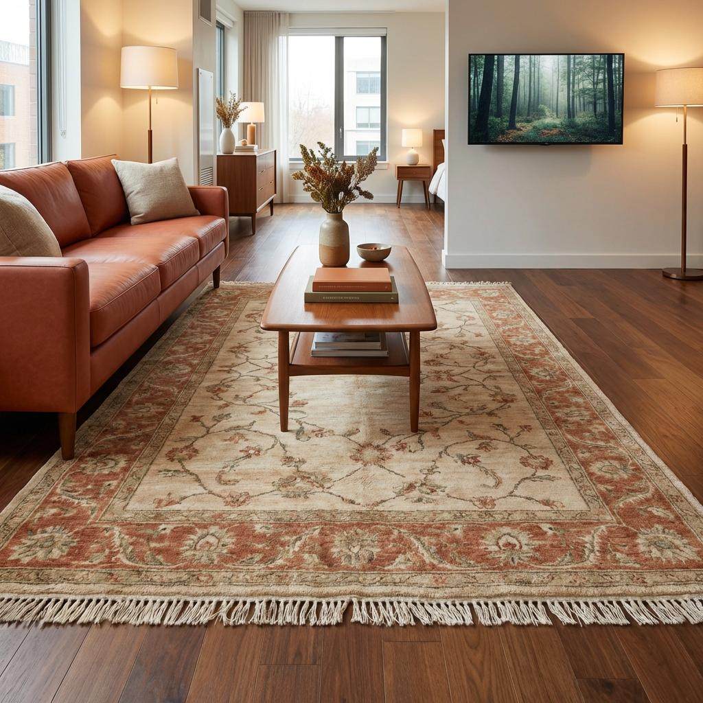 Elegant handmade wool area rug for living room with soft vintage inspired design