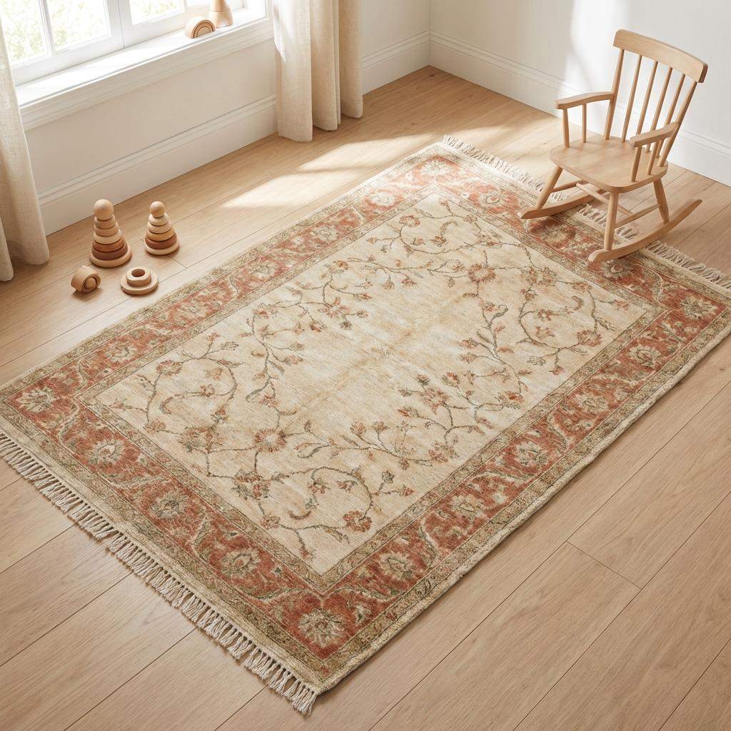 Ivory and peach hand knotted wool rug with classic border design and fringe detail