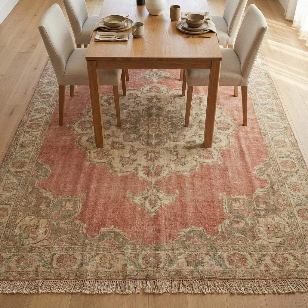 Hand Knotted Oushak Wool Area Rug With Faded Pink Medallion
