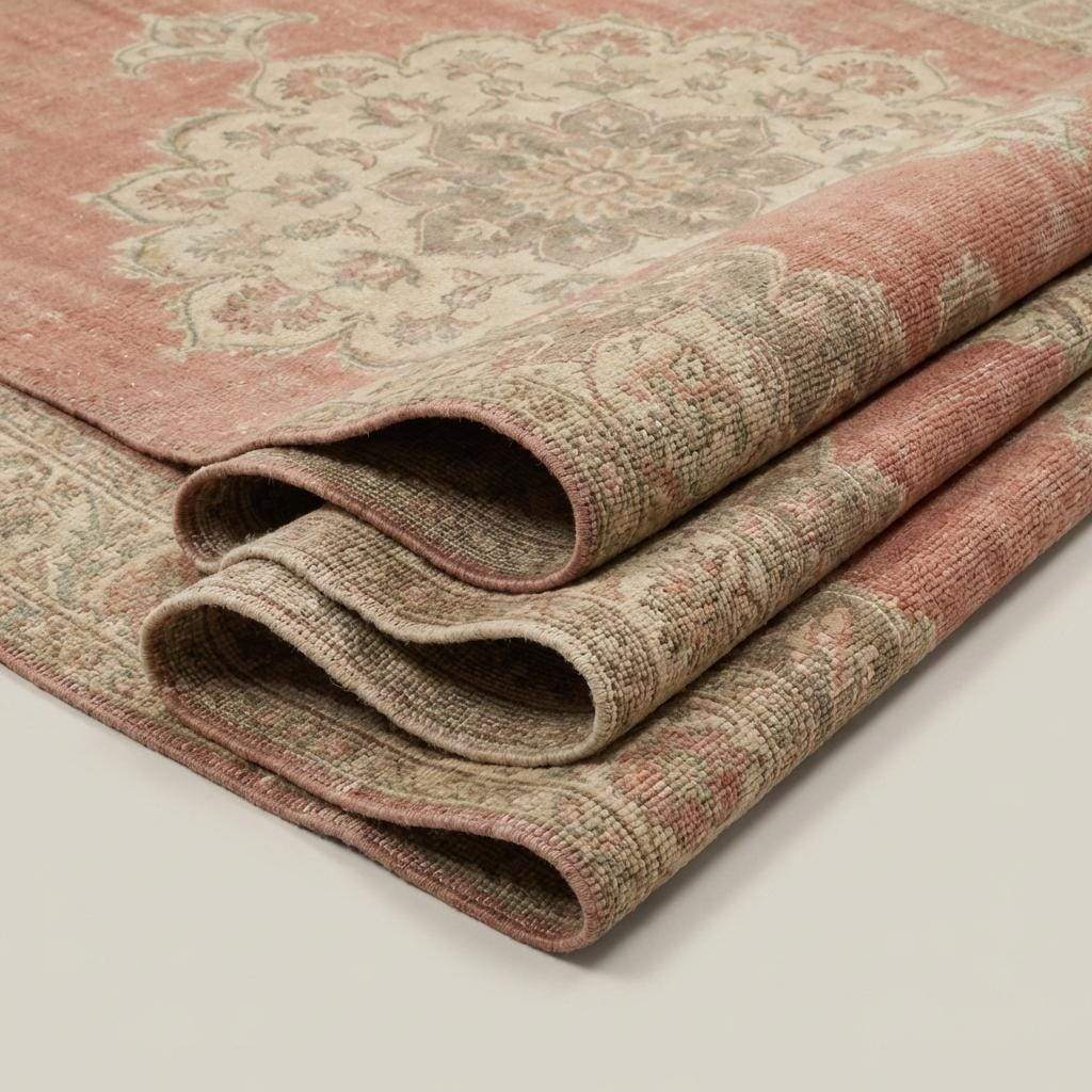 Hand Knotted Oushak Wool Area Rug With Faded Pink Medallion