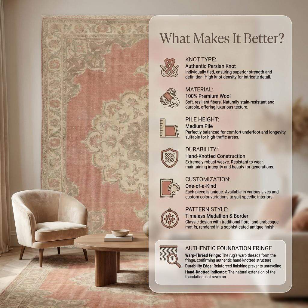 Hand Knotted Oushak Wool Area Rug With Faded Pink Medallion