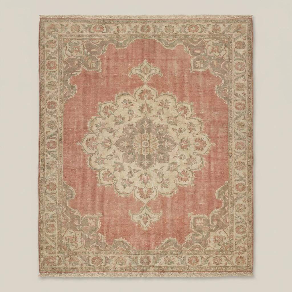 Traditional Oushak rug featuring floral medallion pattern in dusty pink and ivory tones
