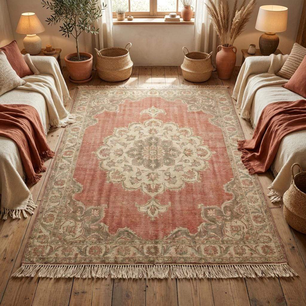 Hand knotted wool area rug styled on wooden floor with classic European farmhouse decor