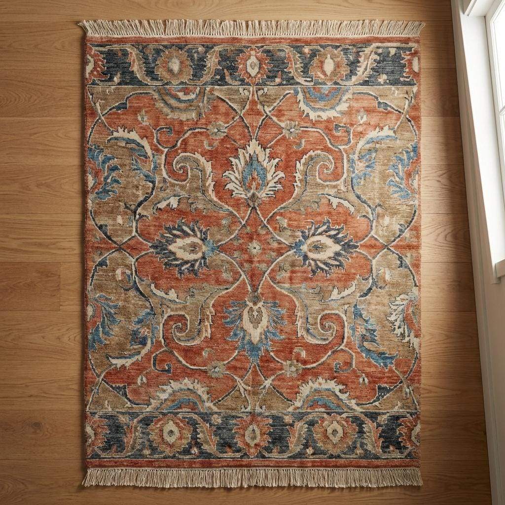 Hand Knotted Oushak Wool Area Rug with Floral Vintage Design