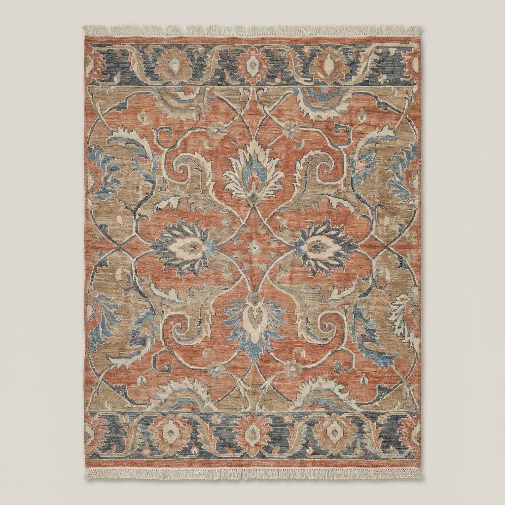 Vintage style Oushak rug featuring traditional floral pattern and muted earthy color palette