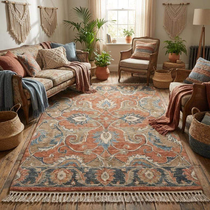 Artisan made wool area rug styled in rustic living room with wooden flooring