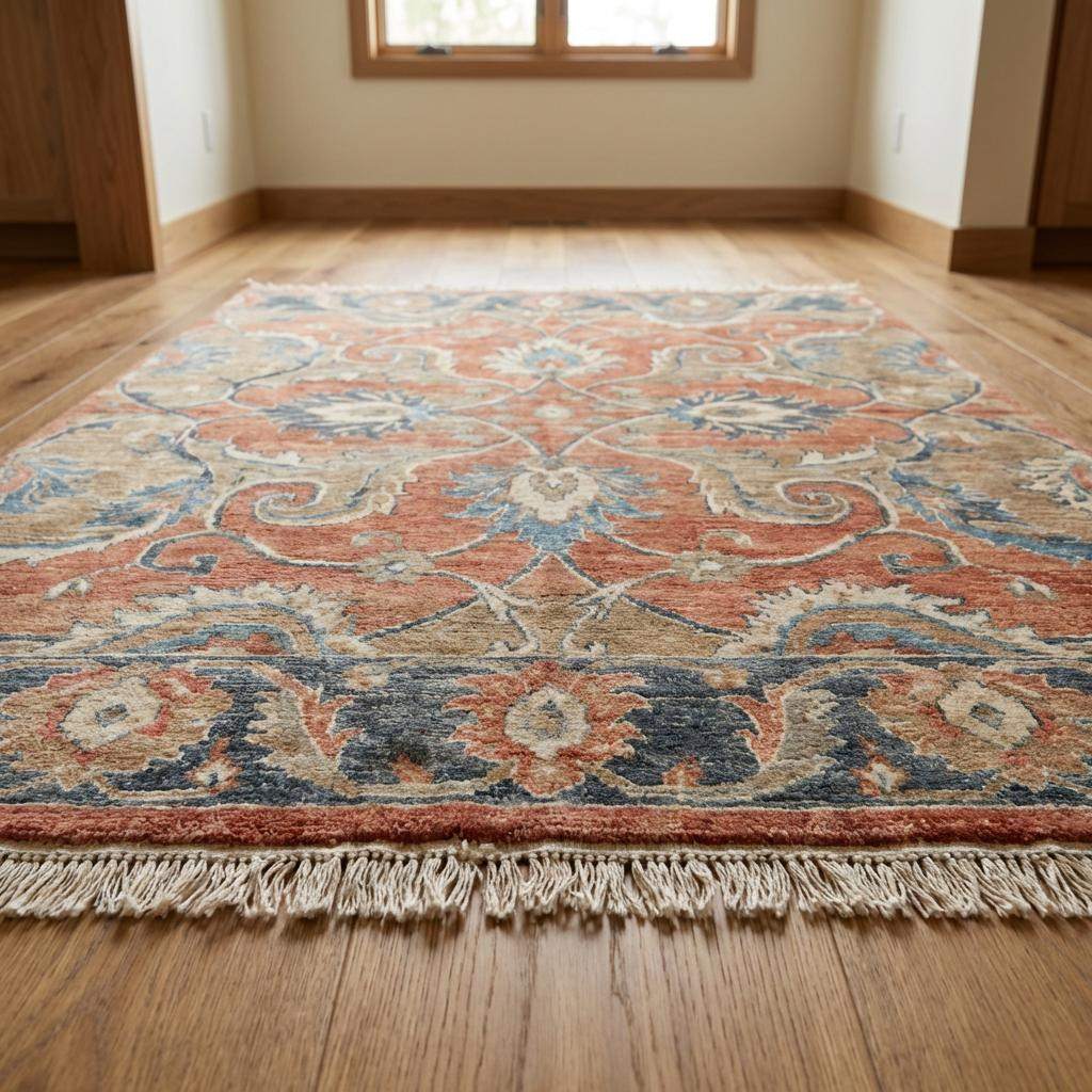 Traditional hand knotted rug with flowing floral design and soft abrash variation
