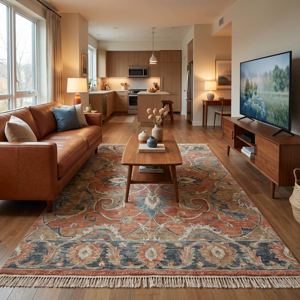 Hand Knotted Oushak Wool Area Rug with Floral Vintage Design