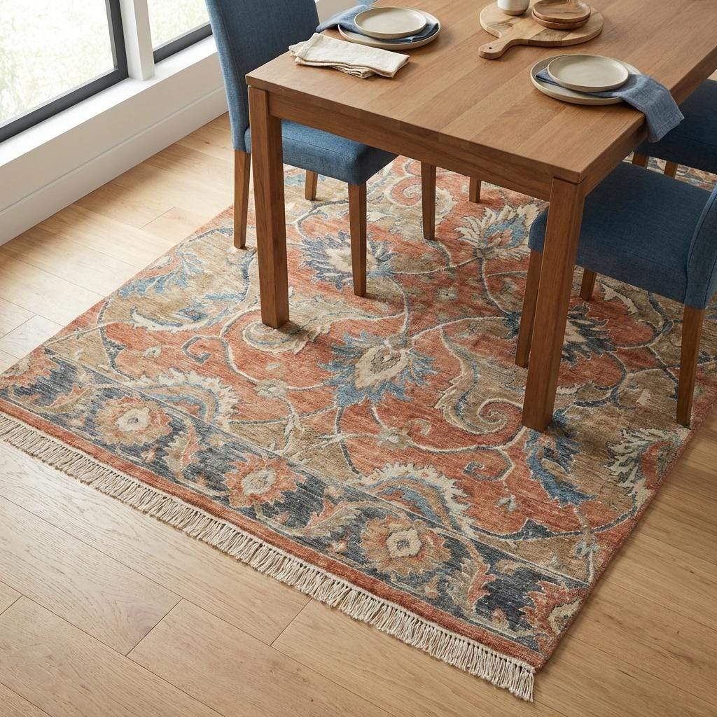 Hand Knotted Oushak Wool Area Rug with Floral Vintage Design