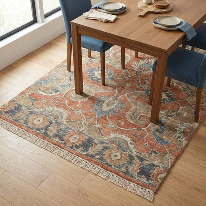 Hand Knotted Oushak Wool Area Rug with Floral Vintage Design