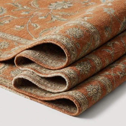 Hand Knotted Oushak Wool Rug - Terracotta Rust Floral Carpet