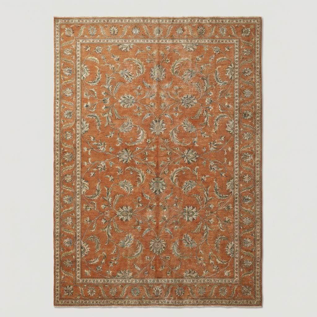 Overhead view of a large rust-colored area rug featuring a traditional floral border and a distressed, vintage-inspired transitional aesthetic.