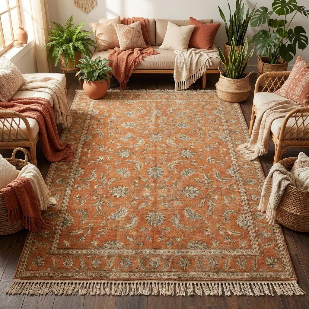 Artisan handmade wool rug in earth tones, featuring a burnt orange field with sage green accents, perfect for organic modern interior design.