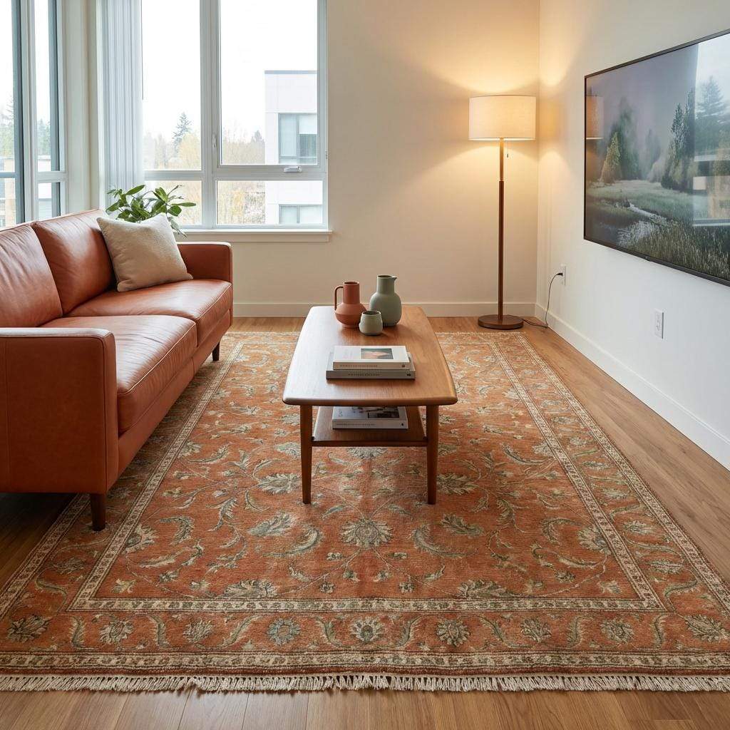 A warm-toned Oushak rug in a living room setting, demonstrating how the rust and terracotta colors ground a space with natural light.