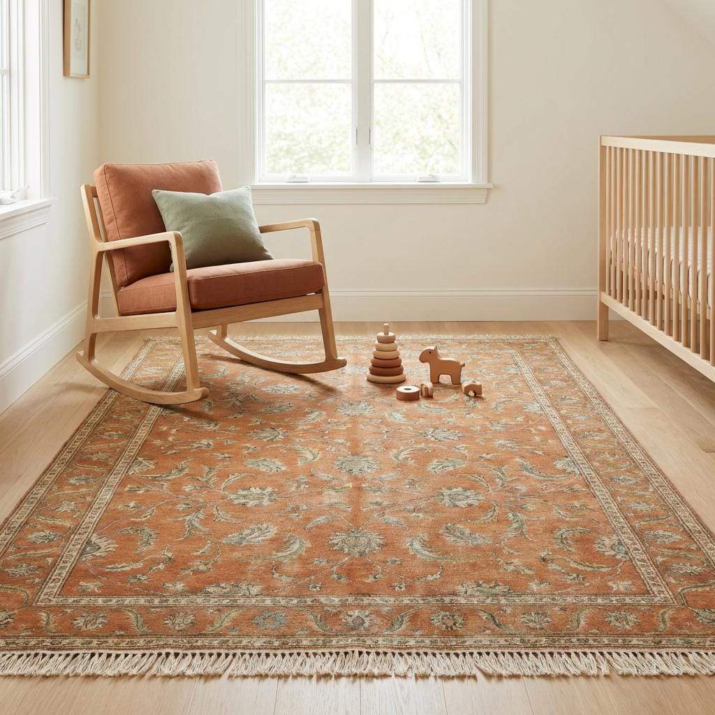 Hand Knotted Oushak Wool Rug - Terracotta Rust Floral Carpet