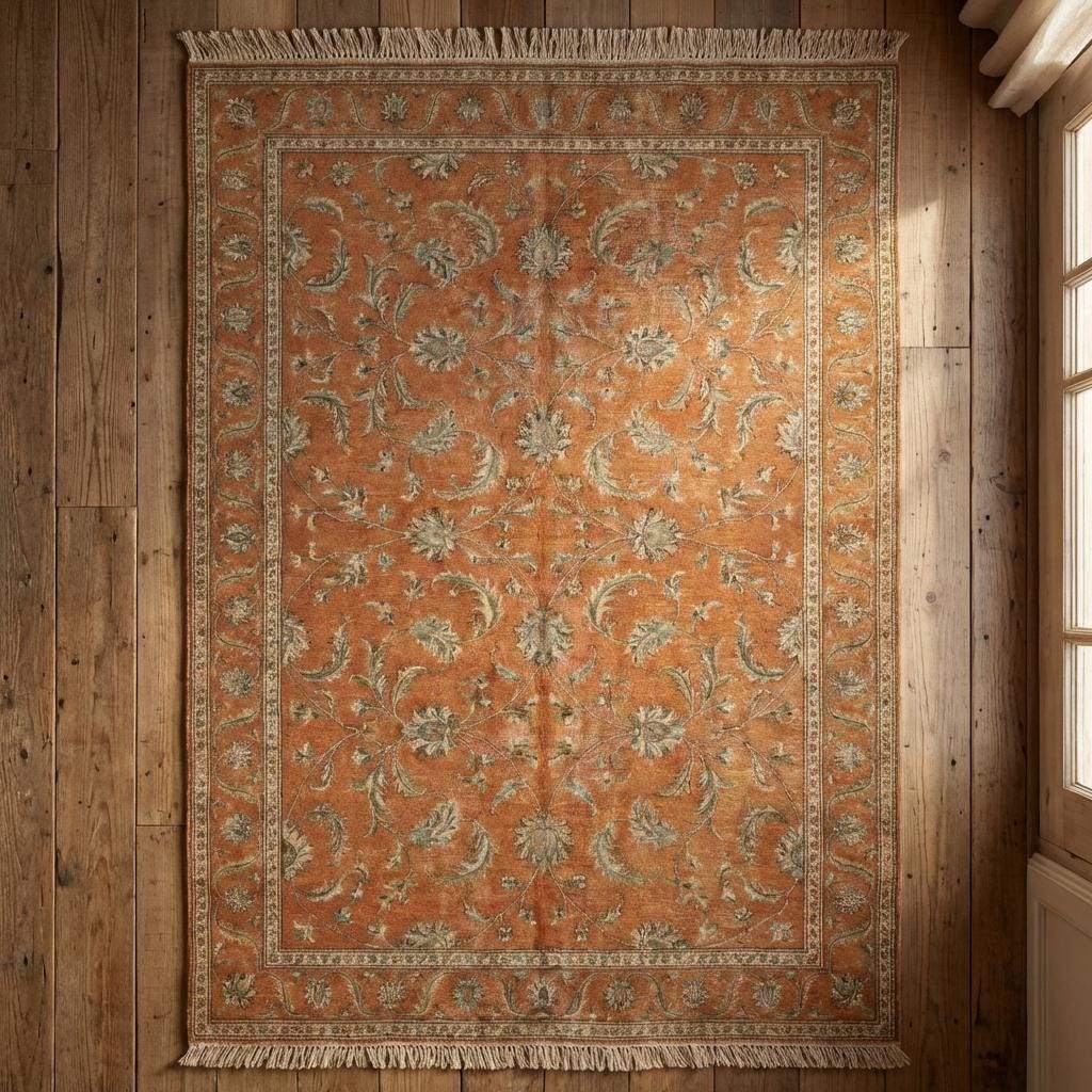 Hand Knotted Oushak Wool Rug - Terracotta Rust Floral Carpet