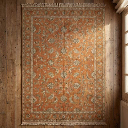 Hand Knotted Oushak Wool Rug - Terracotta Rust Floral Carpet