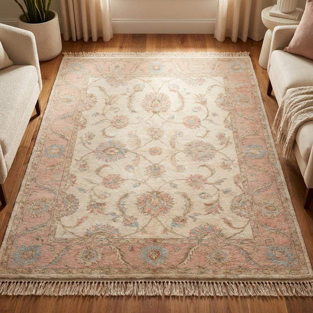 Hand Knotted Oushak Wool Rug, Floral Ivory Pink Living Room Carpet
