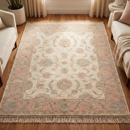 Hand Knotted Oushak Wool Rug, Floral Ivory Pink Living Room Carpet