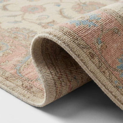 Hand Knotted Oushak Wool Rug, Floral Ivory Pink Living Room Carpet