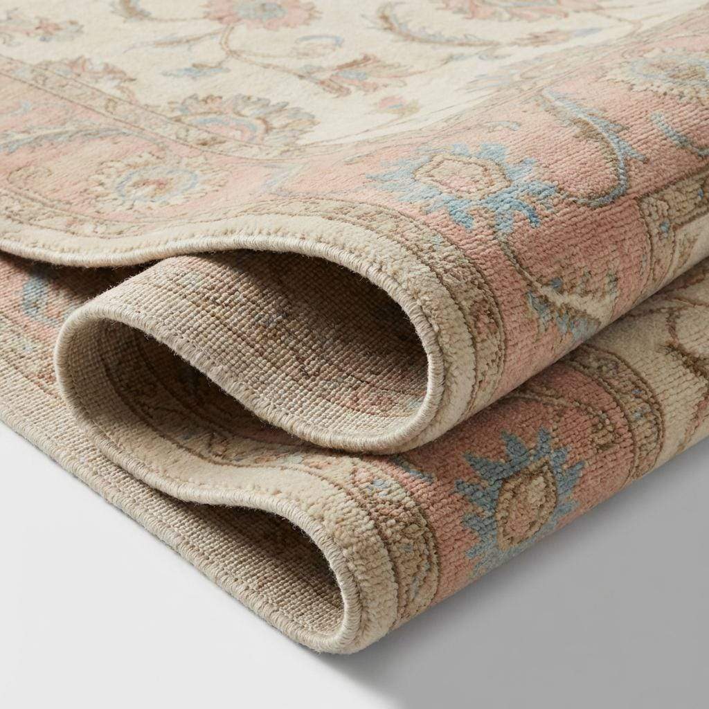 Hand Knotted Oushak Wool Rug, Floral Ivory Pink Living Room Carpet