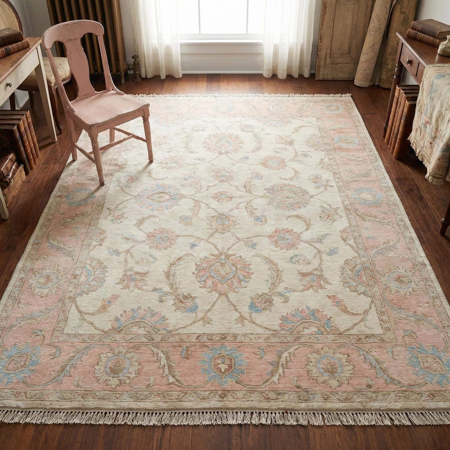 Hand knotted Oushak wool rug with ivory base and pink floral design for living room