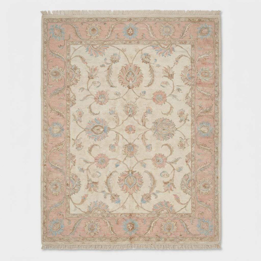 Traditional floral Oushak rug with pastel pink and blue accents on cream background