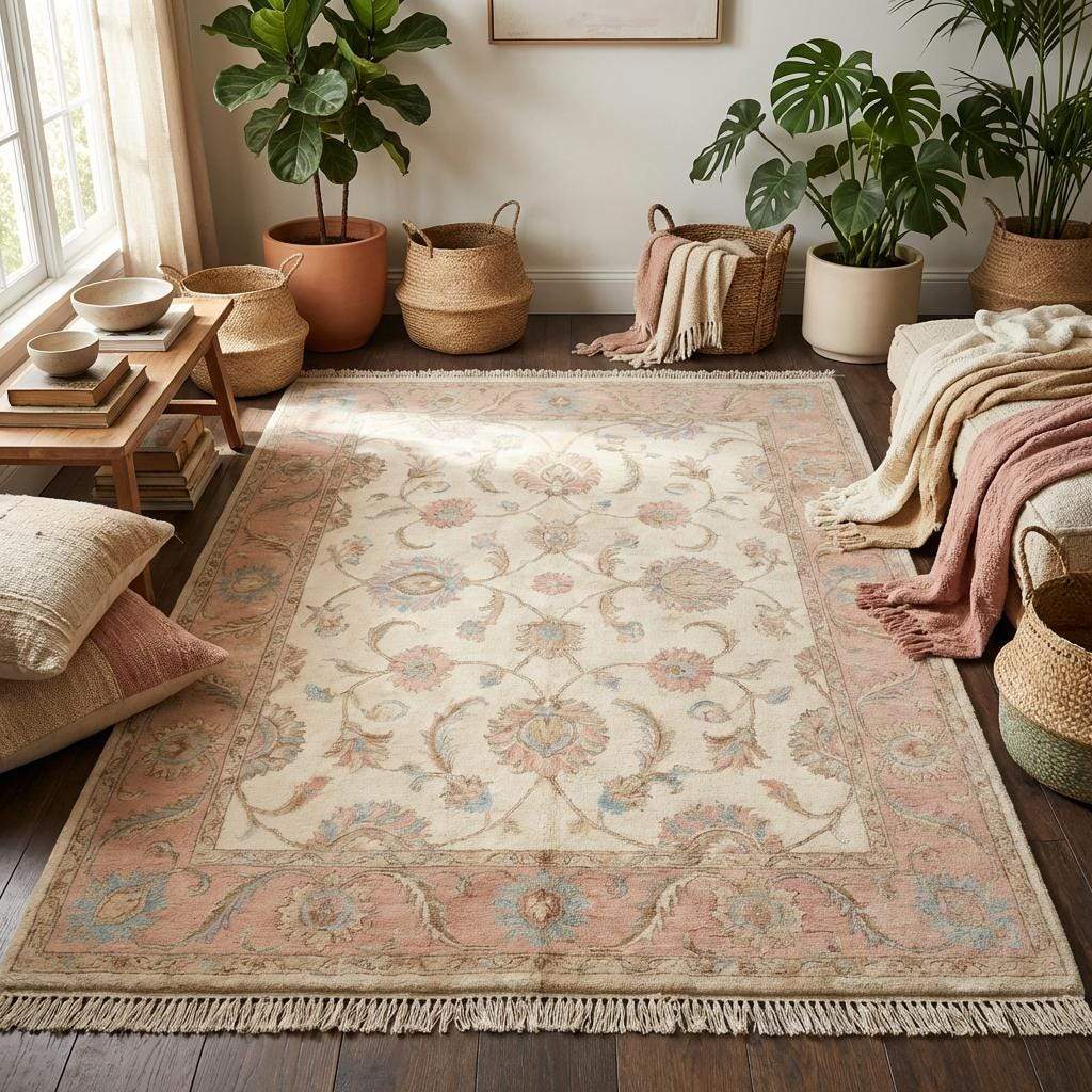 Handmade wool area rug styled in classic interior with wooden flooring and neutral décor