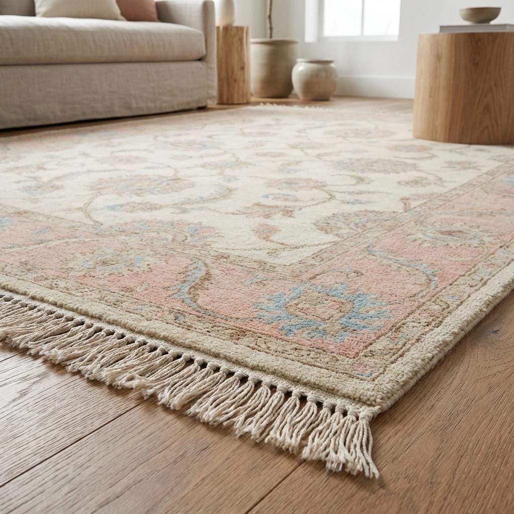 Rectangular hand knotted wool rug featuring soft medallion floral design and muted tones