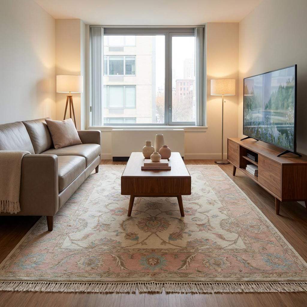 Hand Knotted Oushak Wool Rug, Floral Ivory Pink Living Room Carpet