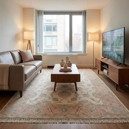 Hand Knotted Oushak Wool Rug, Floral Ivory Pink Living Room Carpet