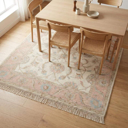Hand Knotted Oushak Wool Rug, Floral Ivory Pink Living Room Carpet