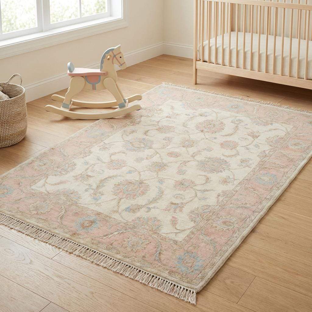 Artisan hand knotted Oushak rug showcasing antique-inspired pattern and natural wool finish