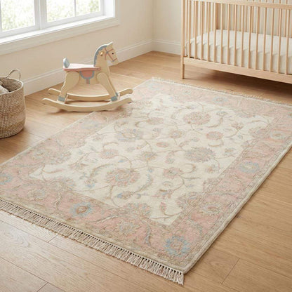 Artisan hand knotted Oushak rug showcasing antique-inspired pattern and natural wool finish