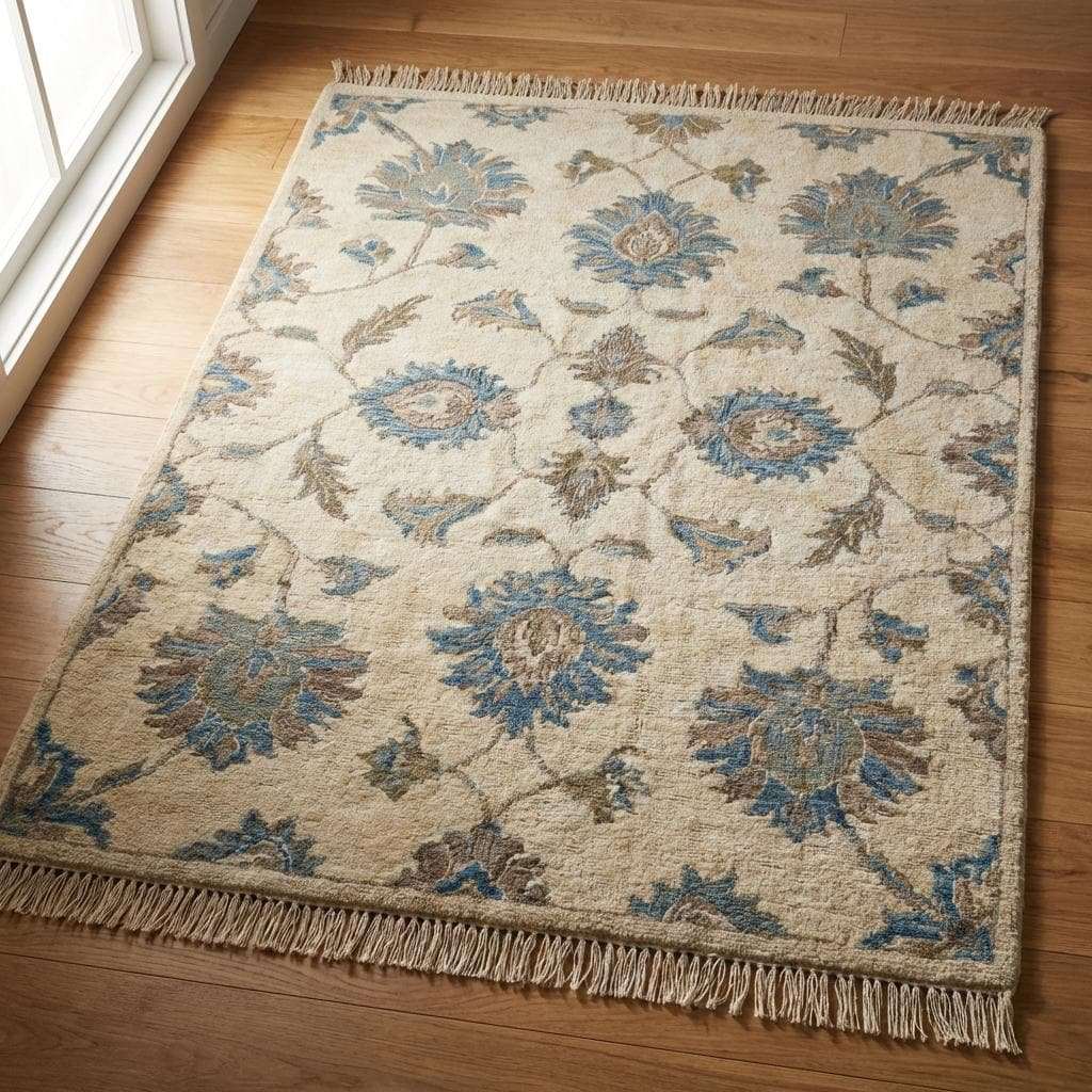 Hand Knotted Oushak Wool Rug, Floral Neutral Living Room Area Carpet