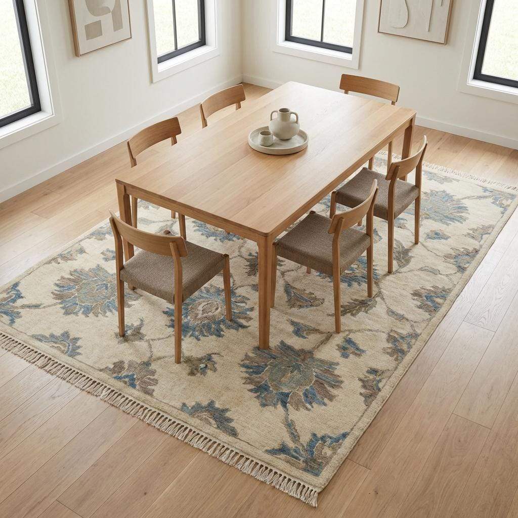 Hand Knotted Oushak Wool Rug, Floral Neutral Living Room Area Carpet