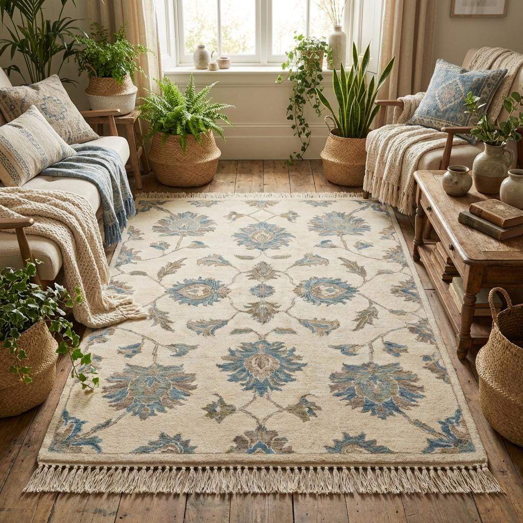 Neutral hand knotted wool rug with large floral motifs suitable for living room or bedroom