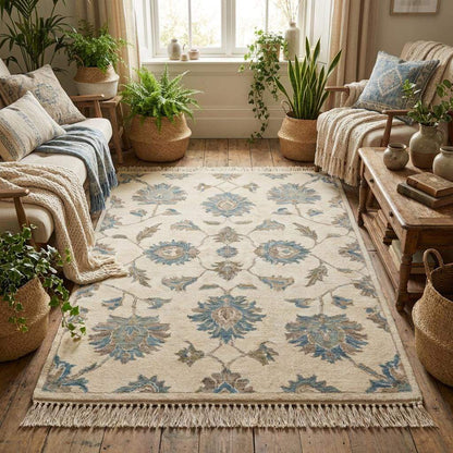Neutral hand knotted wool rug with large floral motifs suitable for living room or bedroom